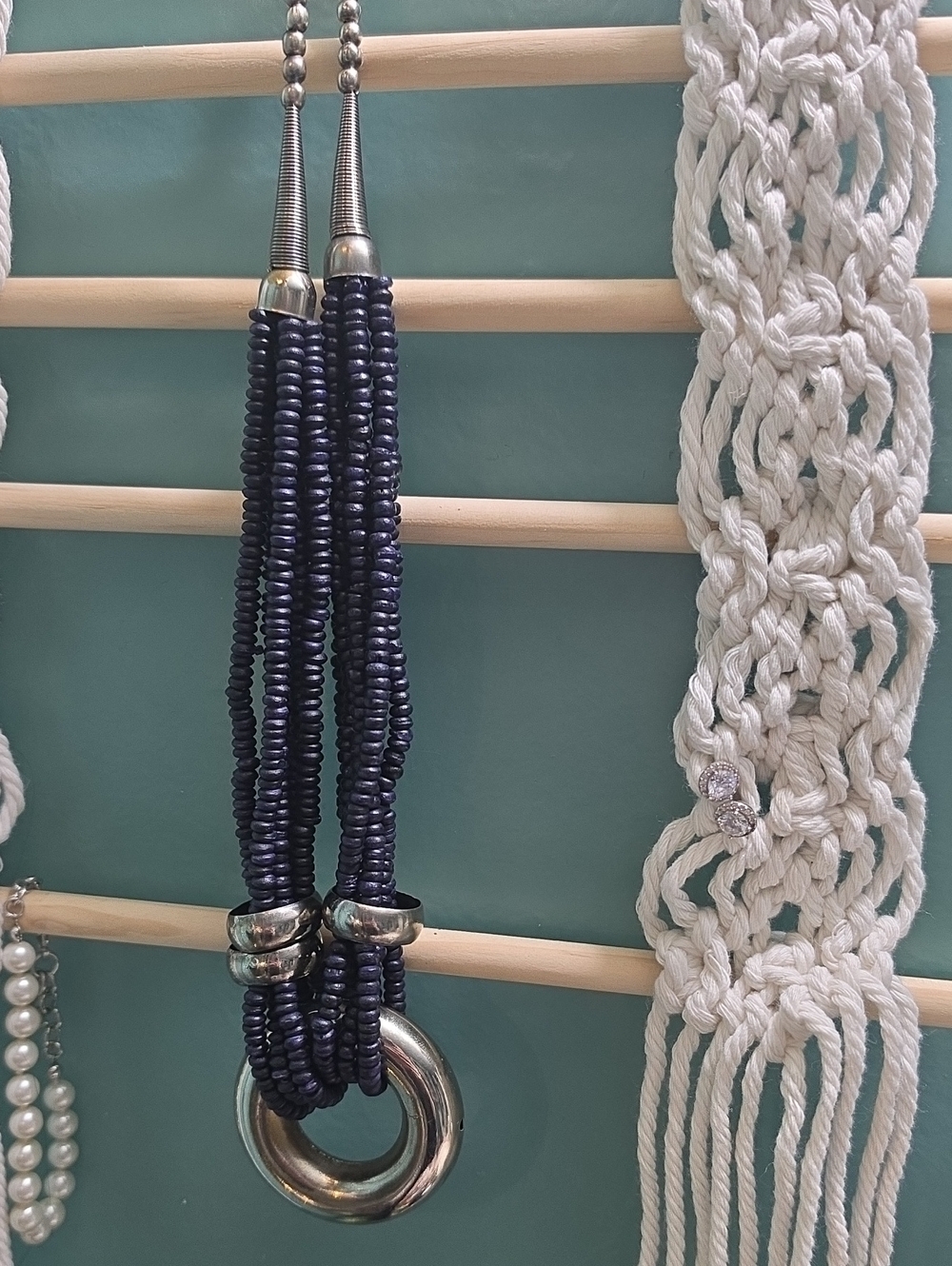 Vintage Nepal Wood Beaded Navy Blue Necklace